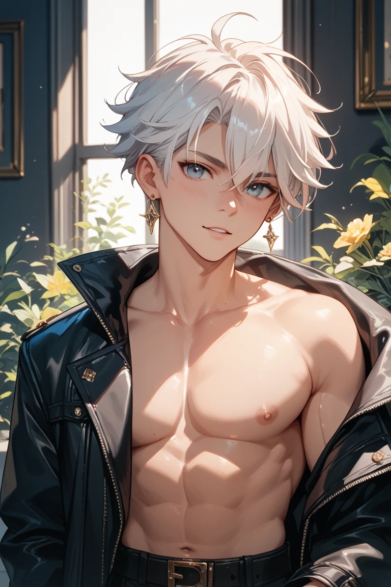 hoang lap,A high resolution,ultra - detailed,offcial art,Unity8k wallpapers,ultra - detailed,Beauty and aesthetics,best qualtiy,with short white hair,mistic,has horns on its head,Handsome boy,Aries constellation,chest muscle,Abs,poster for,Moonlit Night Background,