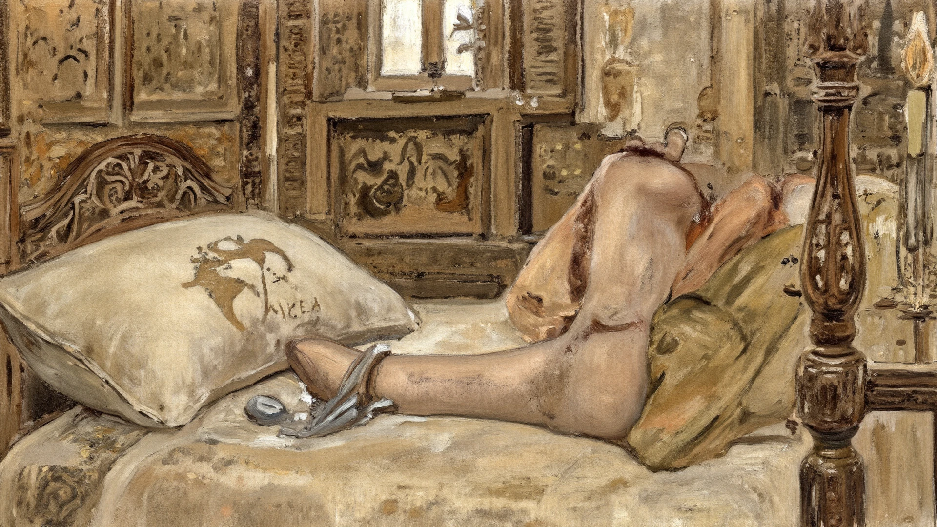 naked woman with a veil covering her face lying on an antique armchair, exhibitionism, masterpiece, 16th century painting, baroque style, Renaissance painting, lights and colors in the style of Rembrandt, dark backgrounds, old painting effect, realism, all the details