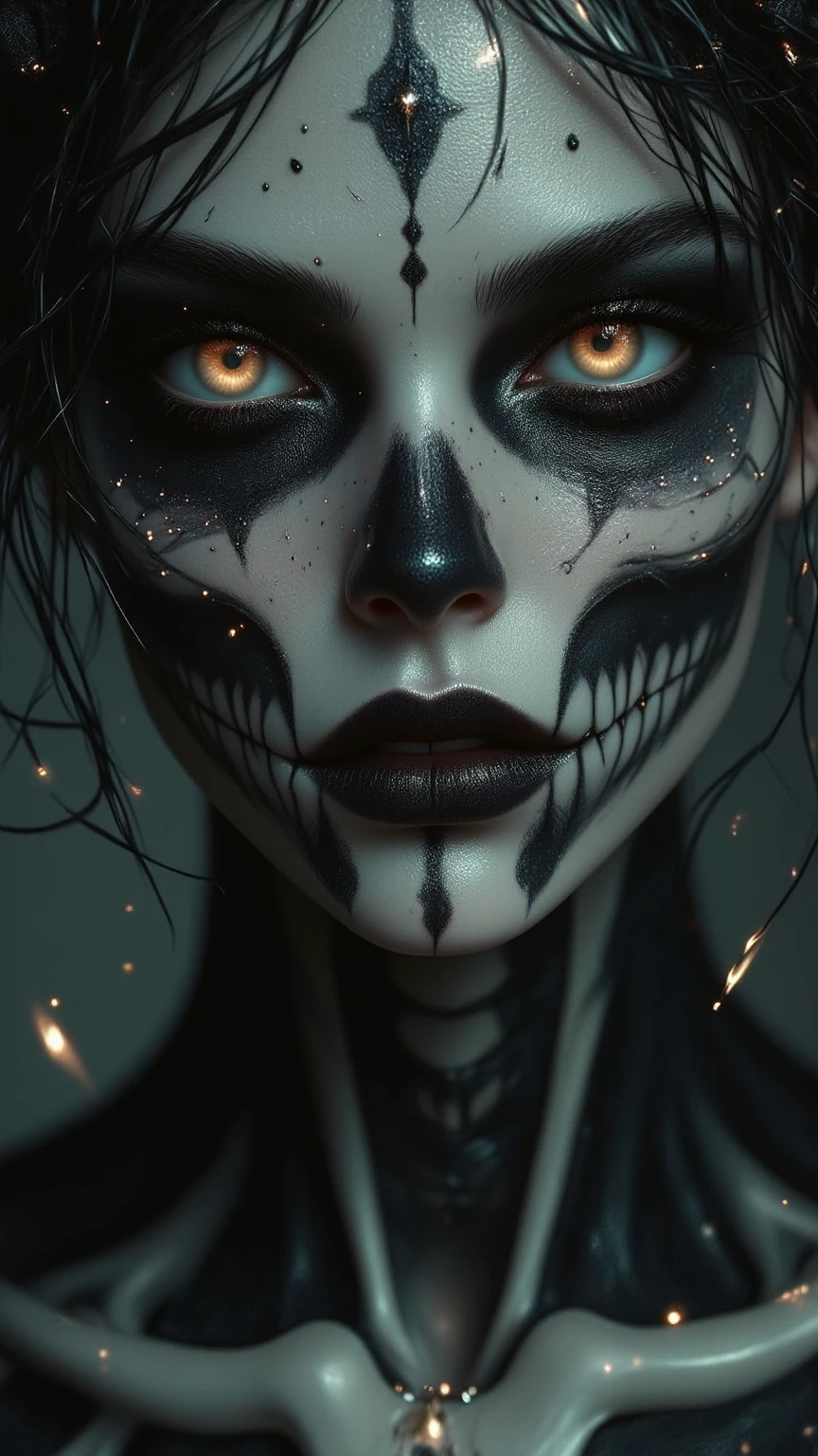Lilith avec peinture tête de mort  sur le visage 
Image très dark et sombre en réel