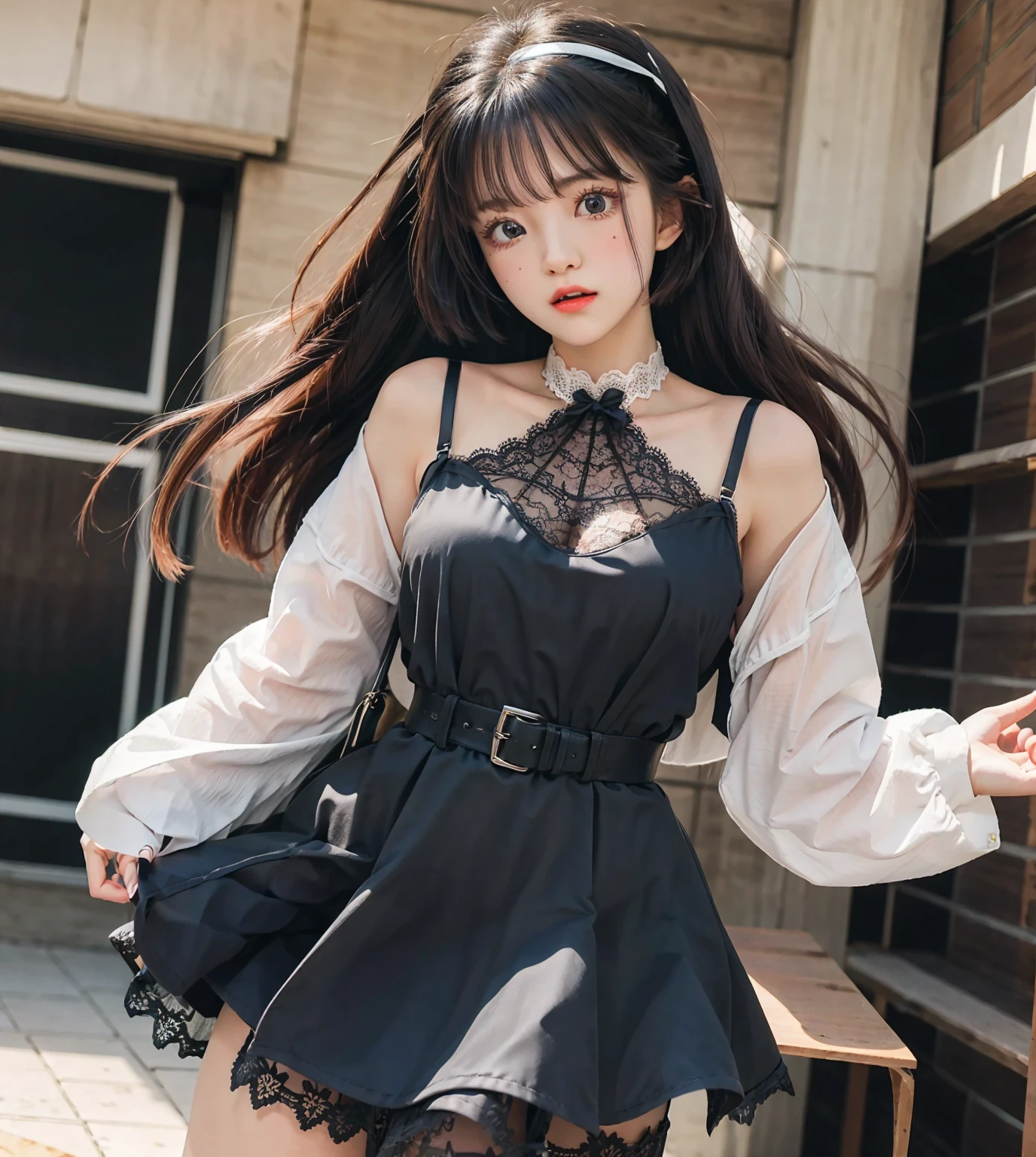 1girl,hair with bangs, black long blouse dress,white background, <lora:beerpassaranan-04:1>