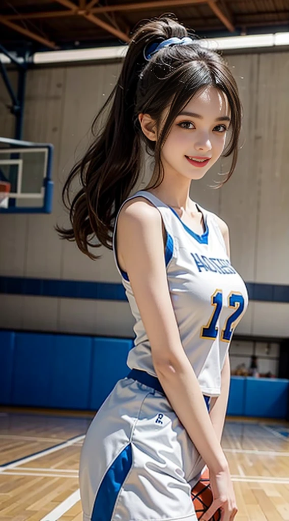 Gymnasium basketball player, Highest quality, shape, Very detailed, In detail, High resolution, 8k wallpaper, Perfect dynamic composition, Beautiful details,  Natural Lip, Basketball Uniform, Big Breasts,Cleavage，, She is smiling and making cute poses with random expressions ..., A masterpiece of the whole body, Angle from below