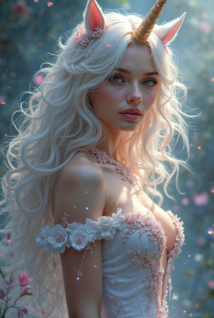 hermoso girl in white dress, vestido de hadas, Cabello largo y dorado, realistic illustration, labios rosados y bonitos, aura brillante a su alrededor, luces brillantes!, cabello brillante y fluido, cabello brillante y suelto, hermoso realistic illustration, Fantasy Otherworldly Landscape Plants Flowers, hermoso, obra maestra, Mejor calidad, estilo realista, hermoso rostro, ojos brillantes, cuerpo perfecto, brazos perfectos, piel perfecta, alta calidad, perfect anatomy, orejas de elfo, alas de hada