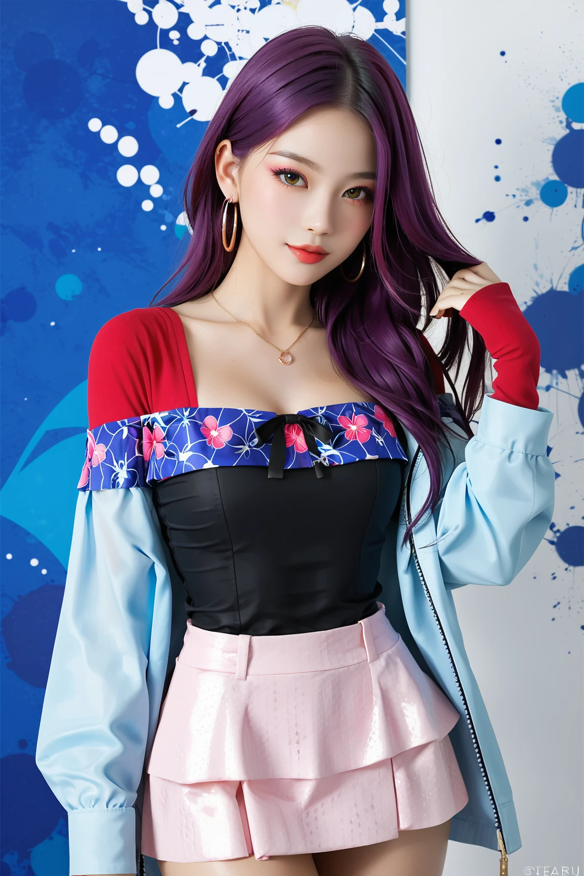((harley quinn style)), ((girl bedroom background)), (rainbow haired), (full colour jacket), 1girl,seductive girl, (sfw) safe for work, large breasts, beautiful alluring woman, (Masterpiece:1.4), (best quality:1.4), ultra highres,1girl,solo,extremely detailed,8k, beautiful, detailed eyes, looking at viewer, strong dark colors, (dynamic), (epic), sharp focus, (intricate details:1.2), (strong pose:1.4), arm support, asymmetrical bangs, bangs, collarbone, day, large breasts, big boobs, colossal tits, looking at viewer, , toothy smile, brown eyes, blush