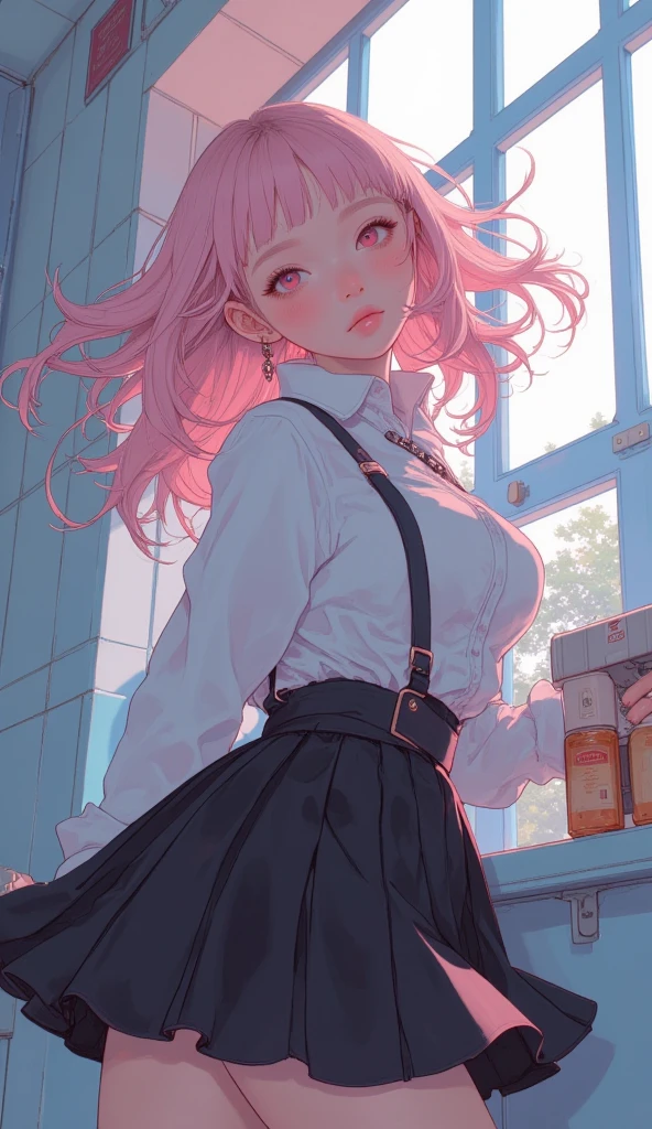 cowboyshot, masterpiece:1.2, highres, 8k, ultra-detailed:1.2, beautiful detailed:1.2, realistic, photorealistic:1.37, arrogant female teacher, Bright deep blue frilly blouse (with ribbon at the neck), pure white slim skirt, black tights, round glasses, (standing classroom):1.2, bright rosy lips, beautiful delicate(hair,face,eyes,pupils,lips,clothes), sparkling eyes, gently smile