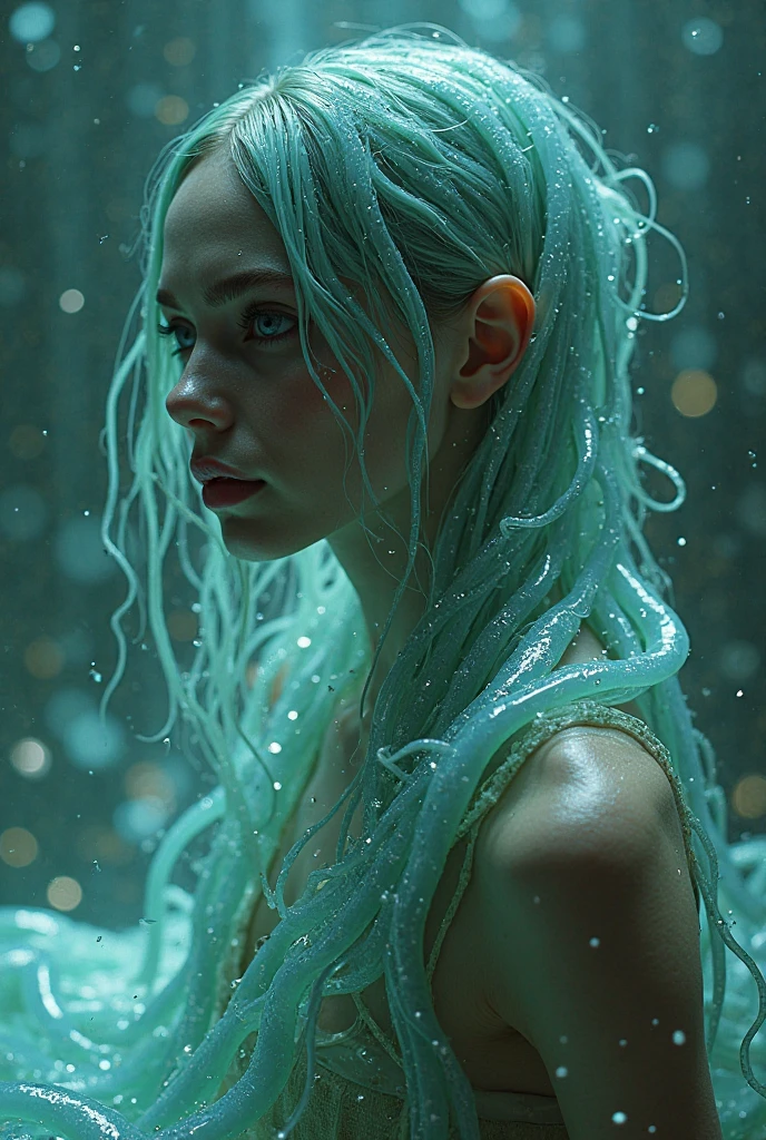 Best quality, masterpiece, ultra high res, (photorealistic:1.4),  raw photo, 1girl, wet hair, wet body, water drop on the skin, directed by shane mcmellen, in the style of neon-lit pop art, photo taken with ektachrome, distorted portraiture, surreal sculpture, gothic dark and moody tones, softbox lighting, instax film