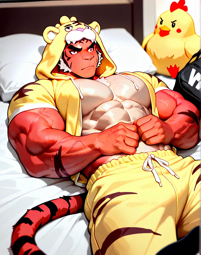 A visually descriptive and detailed rendering of a himbo Incineroar, hypnotized and barefoot lying on a bed with his arms and legs spread, wearing black pyjamas, handcuffed to the bed by his wrists and ankles. His sleepy expression is contrasted by the intense green glow in his eyes, as he lies with a look of weak defiance on his face. His nice big paws with short claws are on full display, as he drools in a trance-like state.