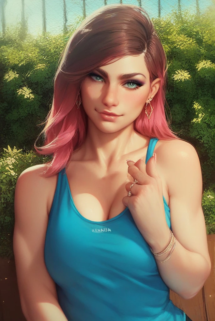 hair in a high ponytail, crystal blue eyes, sassy 25 years old, busty, cleavage, Sweat Pants, Tank Top, (Lounging on Couch), coy smile, open parted lips, (blushing:1.3), looking invitingly at the viewer, facing the viewer, livingroom background, (pov), glowing eyes, necklace, earrings, nsfw