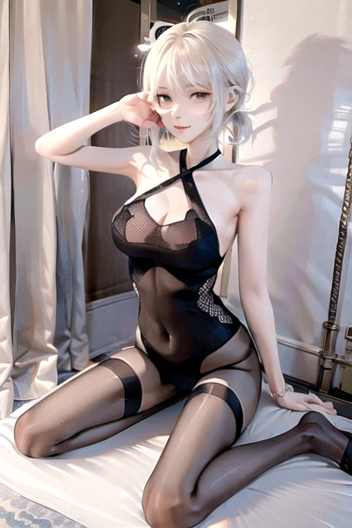 masterpiece、Highest quality、Real、1 person、Office lady wearing blue transparent mesh bodysuit、Silver Hair、Cute Short Hair、Big Ass、Realな美しい脚、Clothes with a wide open chest、Transparent black stockings、Nipples、My whole body is sticky and wet with body oil.、Lying in bed、A well-trained body、Abdominal muscles、Professional Lighting、Glowing Skin、Full body photo including feet