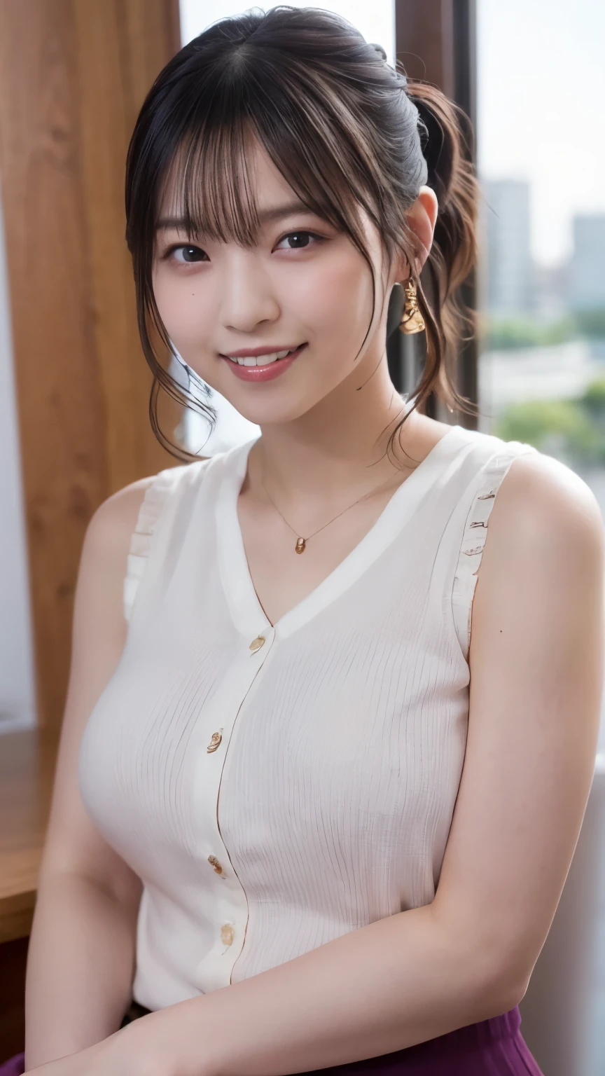 ((Upper Body:1.3))、delicate, masterpiece, Beautiful detailed, colorful, Fine detailed, detailed, detailed, Big Breasts, 1 female, (Beautiful 20 year old Korean woman: 1.1), (K-Pop Idols, Korean Mix), (50mm Sigma f/1.4 ZEISS Lenses, f1.4, 1/800s, ISO100, photograph: 1.1), (ponytail + blonde: 1.2), Realistic: 1.4), (spy: 1.2), (Dark blue open jacket, shirt, skirt, tie, Black Pantyhose, Christian Louboutin \ (brand\): 1.3), Earrings, necklace, Bracelet, (Shoulder strap: 1.2), (Beautiful feet, Tall Woman, skinny, Thin legs, Thigh Gap, model: 1.2), Lens flare, Happy smiling face from the front: 1.1), Dynamic pose, (make: 1.2), Sit on a bar stool, Nogizaka Idol, Korean Idol, actress, Idol Sculpture, Underarm, Arms crossed, Android