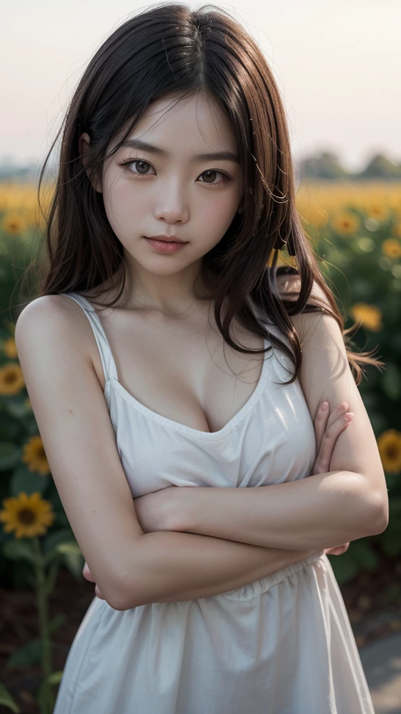 Photo of pretty Chinese woman wearing white camisole, cardigan jacket, cleavage, atmospheric scene, masterpiece, best quality, (detailed round beautiful face, detailed skin texture, ultra-detailed body:1.1, big eyes, pony tail), diffused lighting, golden hour, in the garden, hand behind back, <lora:add_detail:1> , (natural skin:1.2), dull skin, shot with Nikon D5, Sigma 25mm, F/2.8,RAW candid cinema, 16mm, color graded portra 400 film, remarkable color, ultra realistic, textured skin, realistic dull skin noise, visible skin detail, skin fuzz, dry skin, shot with cinematic camera, little smile,