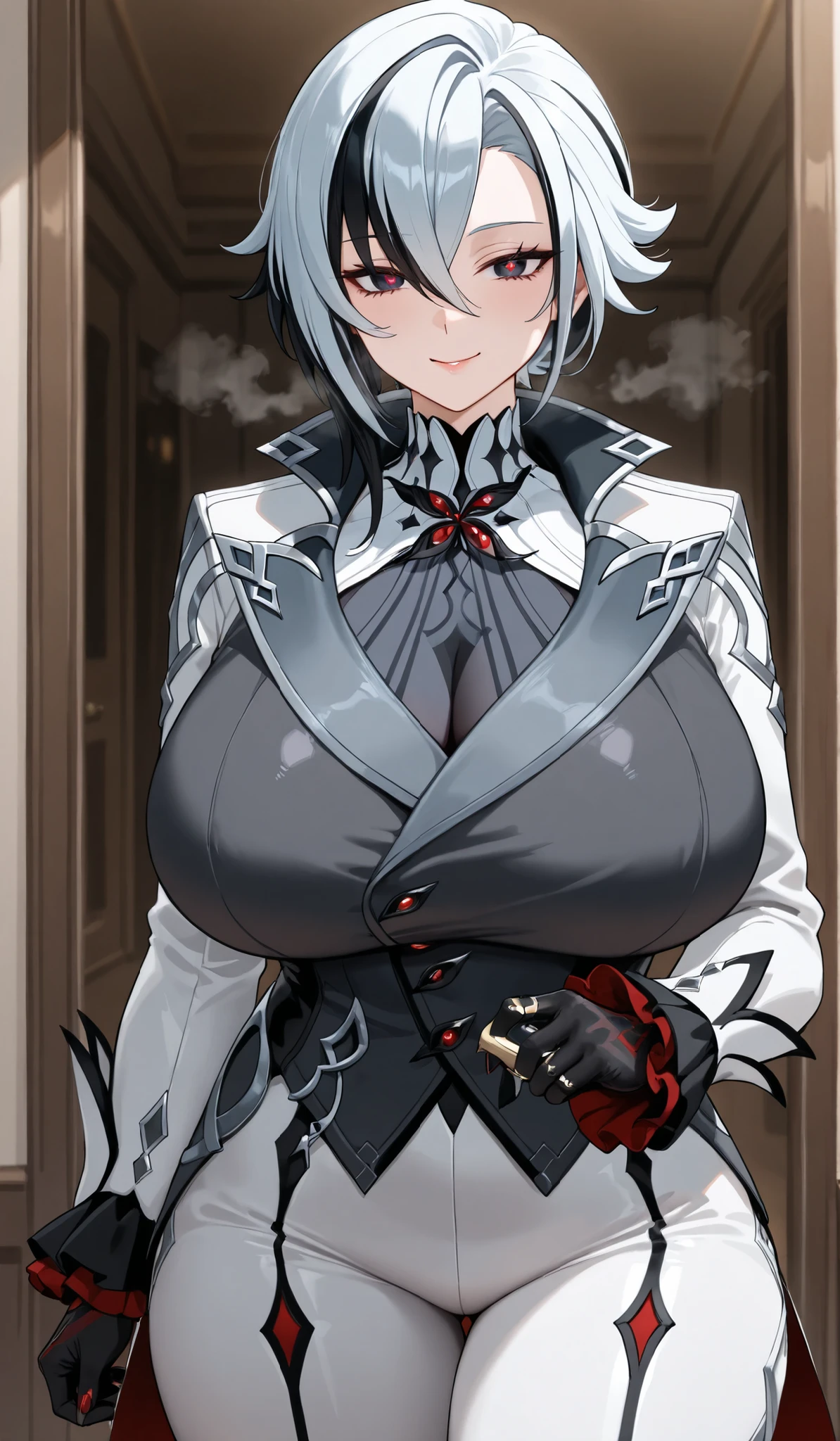 arlecchino, genshin impact, mature woman, mature face, hot face, emotionless face, (black eyes, red pupils), sharp eyes, (cool beauty), white hair, mature body, dominanting pose, living room