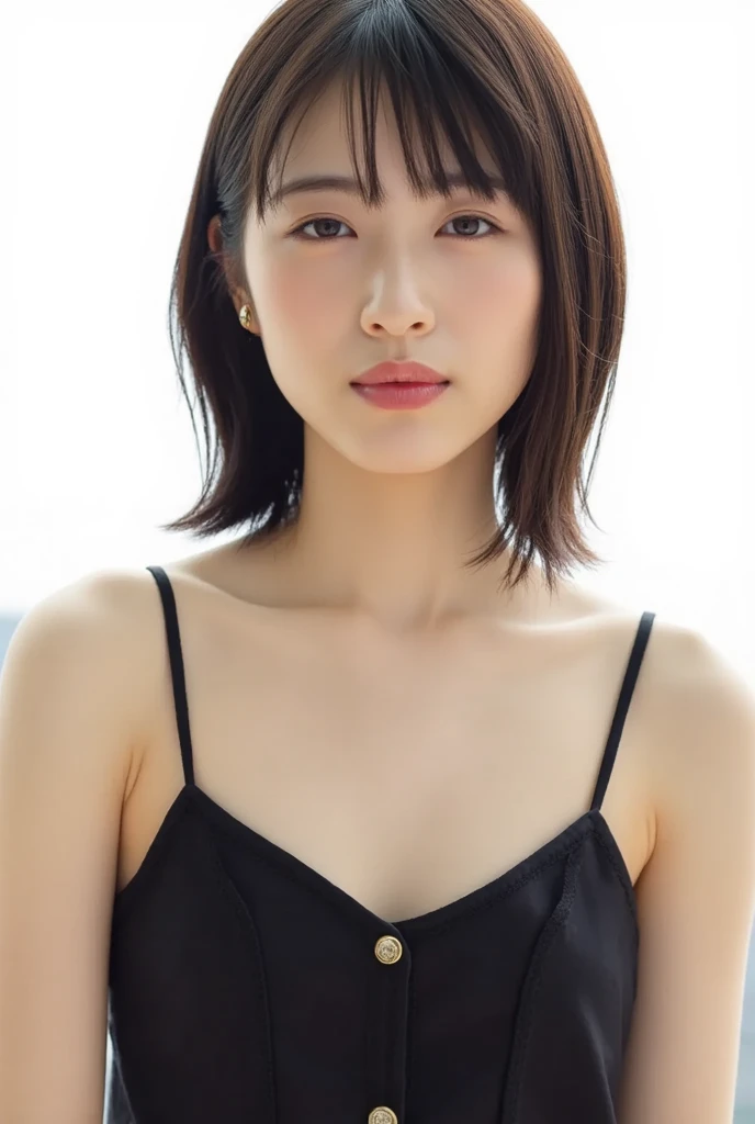 lens: 135mm f1.8,(Highest quality), (Beautiful 14 year old Japanese girl), (Moisturized lips), Narrow eyes, double eyelid,Delicate clavicle,Flat Chest,Very short hair,
(Let me me me'Let me me'Let me'Let's take another look), shame, A faint smile,
(In front of a white wall:1.2), Professional Lighting,
(Japanese 、White T-shirt), (Sunburned skin:0.2),Full body photo、Full Body Focus、Half cup string bikini