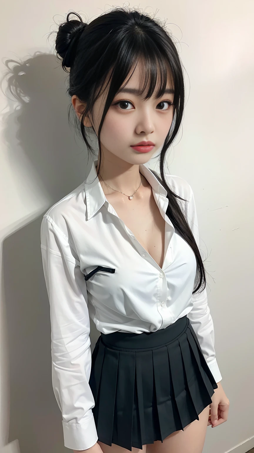 best images quality，RAW photos，超高分辨率，taken from the side，gently smiling，16 yaers old，very Bigger breasts，tiese，Ribbons，校服，collared shir，School Uniform Shirts，Plaid skirts，White skin of the，Shiny white skin，a short bob，bright black hair，The bangs are neatly arranged，beautidful eyes，beautiful eyes of random colors，Very thin lips， beautiful eyes with details，Elongated eyes，pale pink blush，long eyelasher，beautiful double eyelid，eye shadows，耳Nipple Ring，Night School，Dark library at night，Stand next to the bookshelf