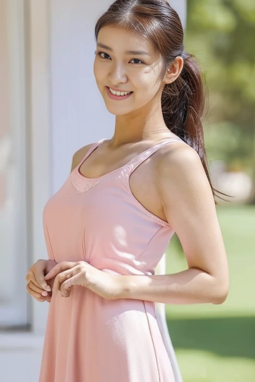 (8k, Best Quality, Masterpiece:1.2), (Realistic, Photorealistic:1.37), Ultra Detailed, 1 Girl,Cute,Solo,Beautiful Detailed Sky,Date,(Blush),(Smile:1.15),(Closed Mouth)Small breasts,Beautiful detailed eyes,(Long hair: 1.2),Floating hair NovaFrogStyle, tank top, shorts, standing,