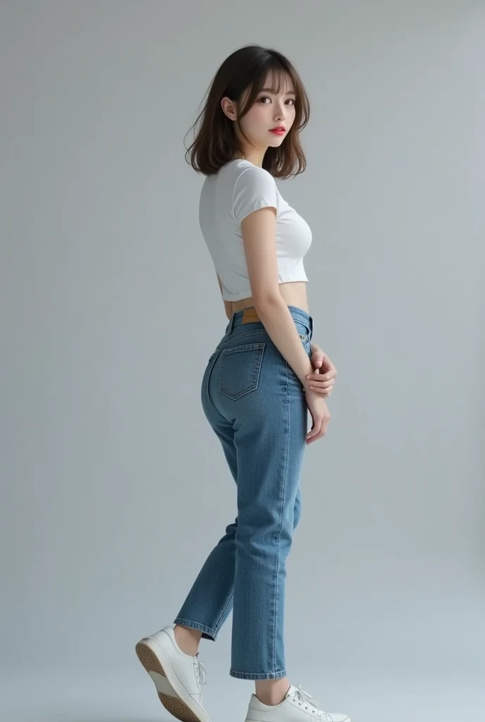 Woman, standing backwards. focus on the ass. Wearing a white shirt with denim shorts. in the bedroom.
