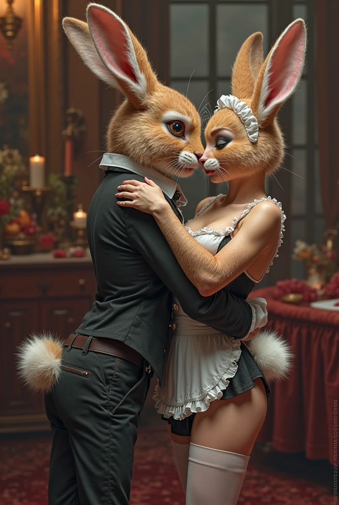 A furry fox in a black and white mime outfit with a very sensual female body, with a company with a furry bunny in a bikini with a sensual body.