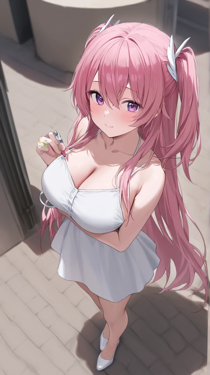 1girl, breasts, solo, halo, pink hair, wings, long hair, yellow eyes, mika \(blue archive\), large breasts, cleavage, smile, looking at viewer, hair bun, dress, white dress, single side bun, blush, simple background, open clothes, very long hair, white background, bangs, closed mouth, bare shoulders, feathered wings, undressing, sparkle, angel wings, frilled dress, collarbone, white wings, cowboy shot, sleeveless, open shirt <lora:freng_V8:1>