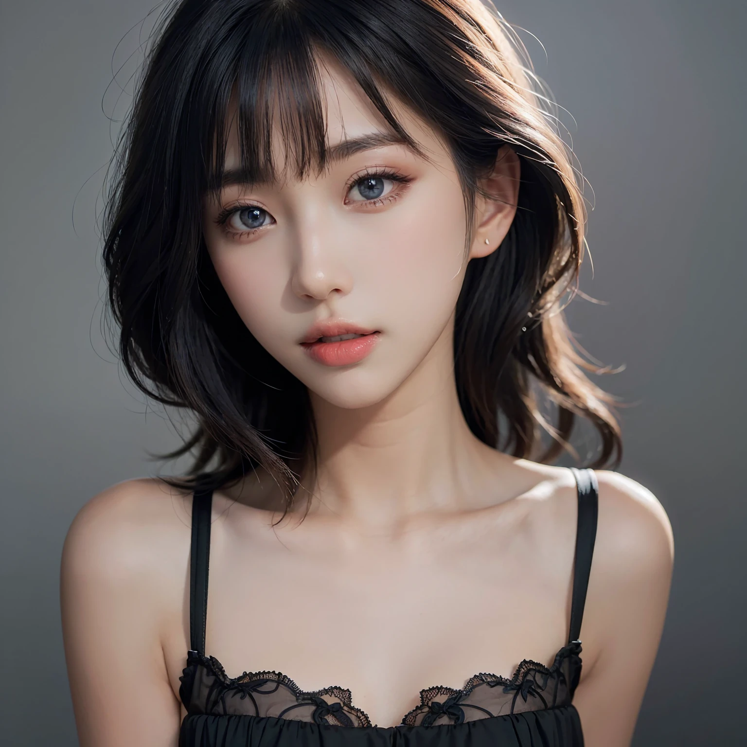 masterpiece, Highest quality, Very detailed, Best Shadow, Beautifully detailed face, Beautiful attention to detail, High Contrast,, One girl, small, (Flat Chest),  bangs, Hair on one eye, Black bare shoulders,, White Background:1.3,  (Face Focus:1.3, Eye close-up:1.3), ((From behind:1.3)), Butt,