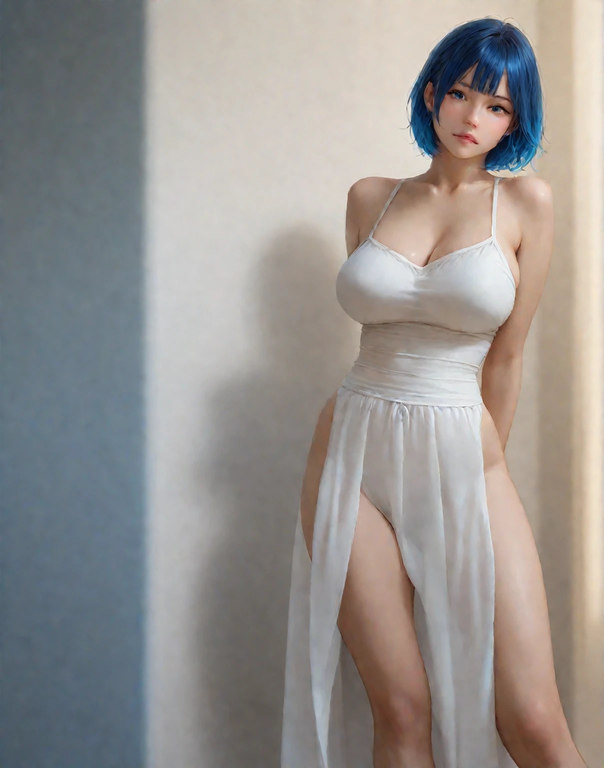 ((Best quality)), (8K), ((masterpiece)), (detailed:1.4), (big breast:1.5), 1 japanese girl, blue hair, white shirt, white panties, short hair, on the street, stand, night, low light, rain, wet body, sexy pose, tall body, sixpack