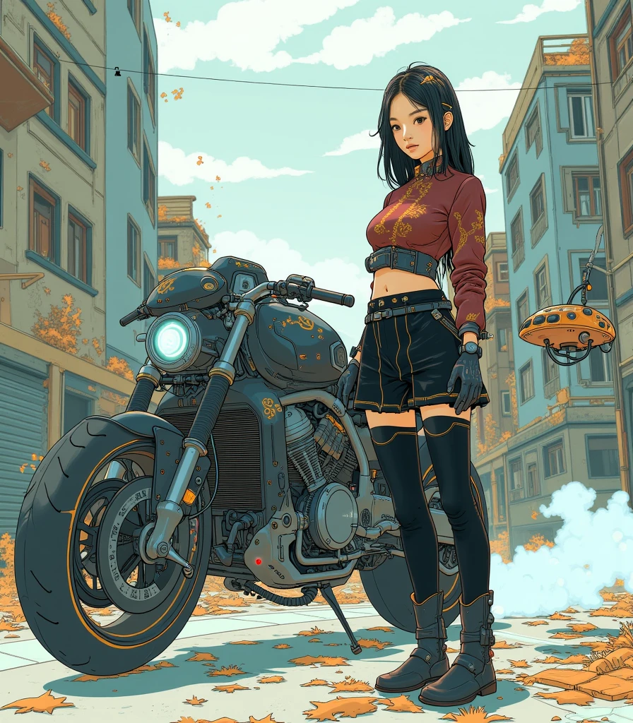 In an extremely realistic and realistic style,, 영화의 한 scene처럼, wears short black leggings for activity, and.
The main character : A young and active Korean woman in her late s.
appearance: with an innocent, elegant, and bright face, Intense gaze. Her waist dance has a long pacifier decoration.. is equipped with a small hairpin. skinny. balanced body.
costume: Burgundy , black, gold, A futuristic miniskirt designed in white. 한복 치마 안에는 활동성을 위해 black색 짧은 레깅스를 입었고, wearing stylish long boots. 한복에는 gold 전통 문양이 정교하게 자수되어 있어. The background shows ruined buildings in the city center.
Accessories: The internal parts are reflective silver parts.. creates a 2048x2048 image with the background of the future SF dystopian worldview.
Motorcycle: 그녀보다도 훨씬 크고 육중하며 포스 있는 외피는 black색, red. 세부 내부 부품들은 반사 실버 부품들로 미래 디자인의 디지털 AI 메카닉 Motorcycle.
Features : black색 바탕에 반사되는 실버 부품들이 디테일하게 표현되어 있어. Hanbok, AI to work on various computers,.
companion aircraft: with a small, flat cylindrical design, 로봇 청소기처럼 납작하고 둥글둥글하며 애플 제품 디자인처럼 깔끔한 외형을 가진 AI companion aircraft가 그녀 주위를 날아다니며 따라오고 있어.
scene: 폐허가 된 고속도로 위에서 Motorcycle를 달리다가 잠시 멈춰서 카메라를 강렬하게 응시하고 있는 모습. Hanbok. The outer shell, which is much larger, heavier, and more powerful than hers, is larger and more futuristic to hold black.