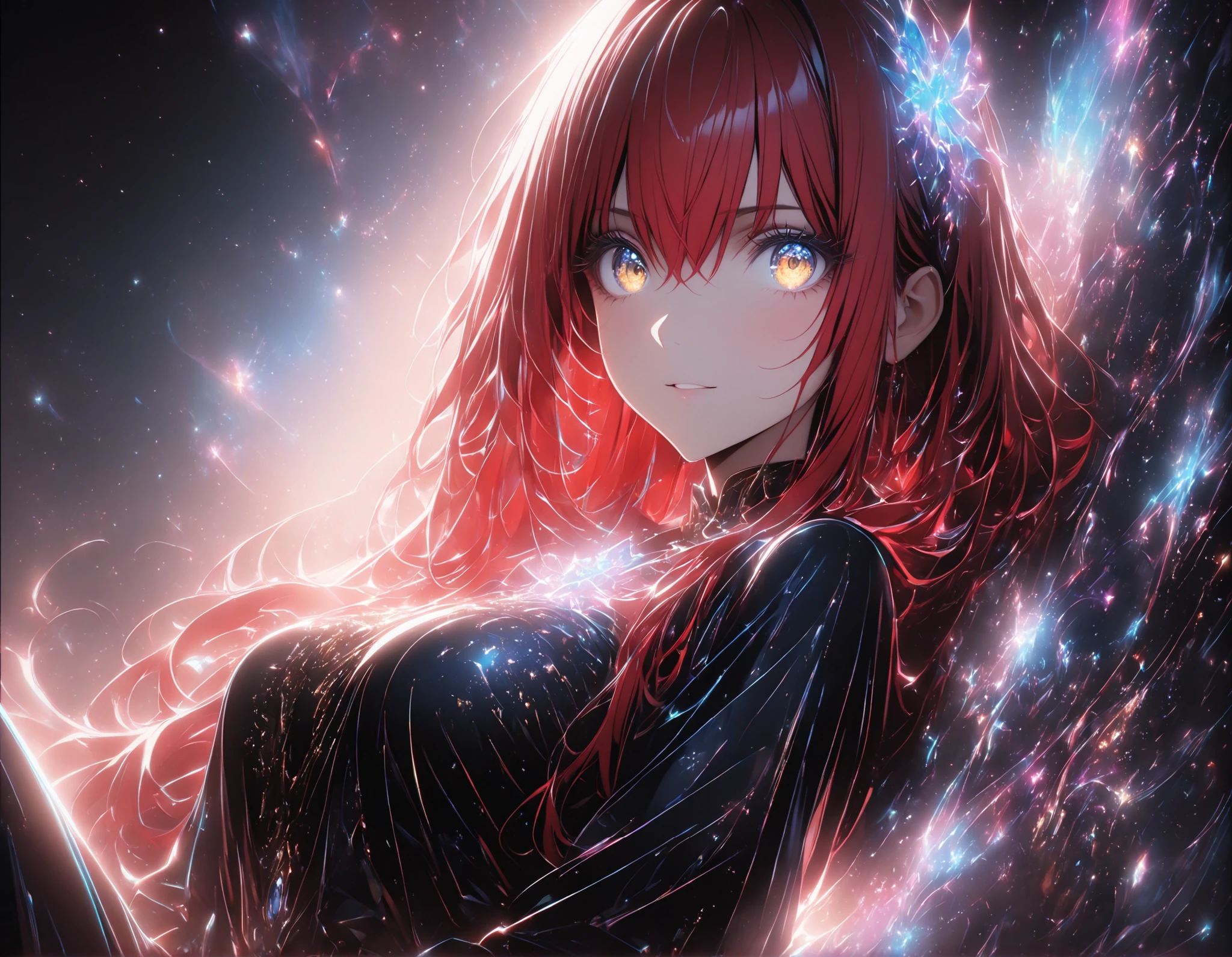 1 girl , golden eyes , very long hair , long sidelocks, red hair , petite , very cute , beautiful ,Straight hair, cool, handsome, hair between eyes, medium large breast,
character focus, depth of field, glowing particles, glowing, reflection, gold theme, ,,Colorful Light, Very Shiny, Very Luminous, Very Colorful, Very Glowing, Darkness, Starry Stars Cloud Colorful, Colorful Glowing Body, Colorful Glowing Skin, Colorful Glowing Clothes. ethereal girl floats weightlessly. vast galaxy sky,  laying on her back, floats effortlessly amid swirling nebulas, distant stars, and glowing cosmic dust, flowing dress billow gently, trailing luminous streaks of stardust. celestial fabric, Short dress. shimmers with deep cosmic blues, purples, and iridescent star-like accents. resembling swirling galaxies and nebulae. Delicate sheer layers. intricate constellation embroidery. subtle metallic and holographic elements capture the twinkling vastness of space. radiant stars are scattered. otherworldly glow. beams of light are cast across cosmos. nebulas swirl with rich colors accented by delicate gold. -definition, ultra-detailed effect. 
Rendered in 4K ultra-detailed, hyper-realistic, cinematic lighting, with soft ambient glows, rich textures, depth of field, and stunning contrast, this breathtaking artwork immerses the viewer in a serene yet powerful celestial dreamscape.
, Hiori Light Art, Backlight, novuschroma64 style