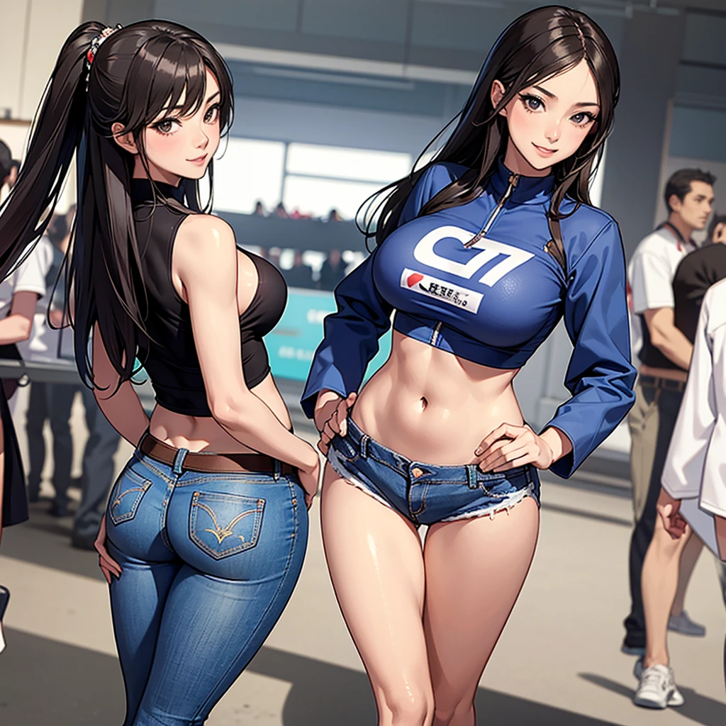 (8K ,Ultra-detailed,ultra real photo,Best masterpiece,natural,Perfect artwork,Perfect female body),Sexy female volleyball player、short black wavy hair、super fit volleyball uniform、low chest,Open collar,Wear volleyball shorts、an sexy、ssmile、Sexy pose on volleyball court,humongous large breast,,Beautiful long legs,Tall figure,full-body shot,