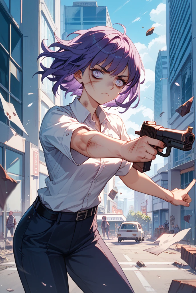 detailed、Slit eyes、Beautiful eyelashes、Purple Eyes、short hair、Green Hair、Upper Body、8K.I have a gun、girl、cyber-clothes、Brave face、Vibrant colors、Strong color scheme、Background Black、Fluffy short bob、No cut-off、Vivid Color