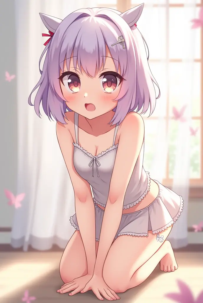 Masterpiece、Anime Coloring、Ultra fine、16K、Highest quality、((Lilac mesh))((Lilac cat ears、tail))、((Light blue underwear、In underwear))、blush、Looking up、Medium Hair、bed、Stylish room、((Medium chest))、((Cleavage))、(((Leg spread)))、((detailed eyes))、cowboy shot、skirt、((skirtめくり))