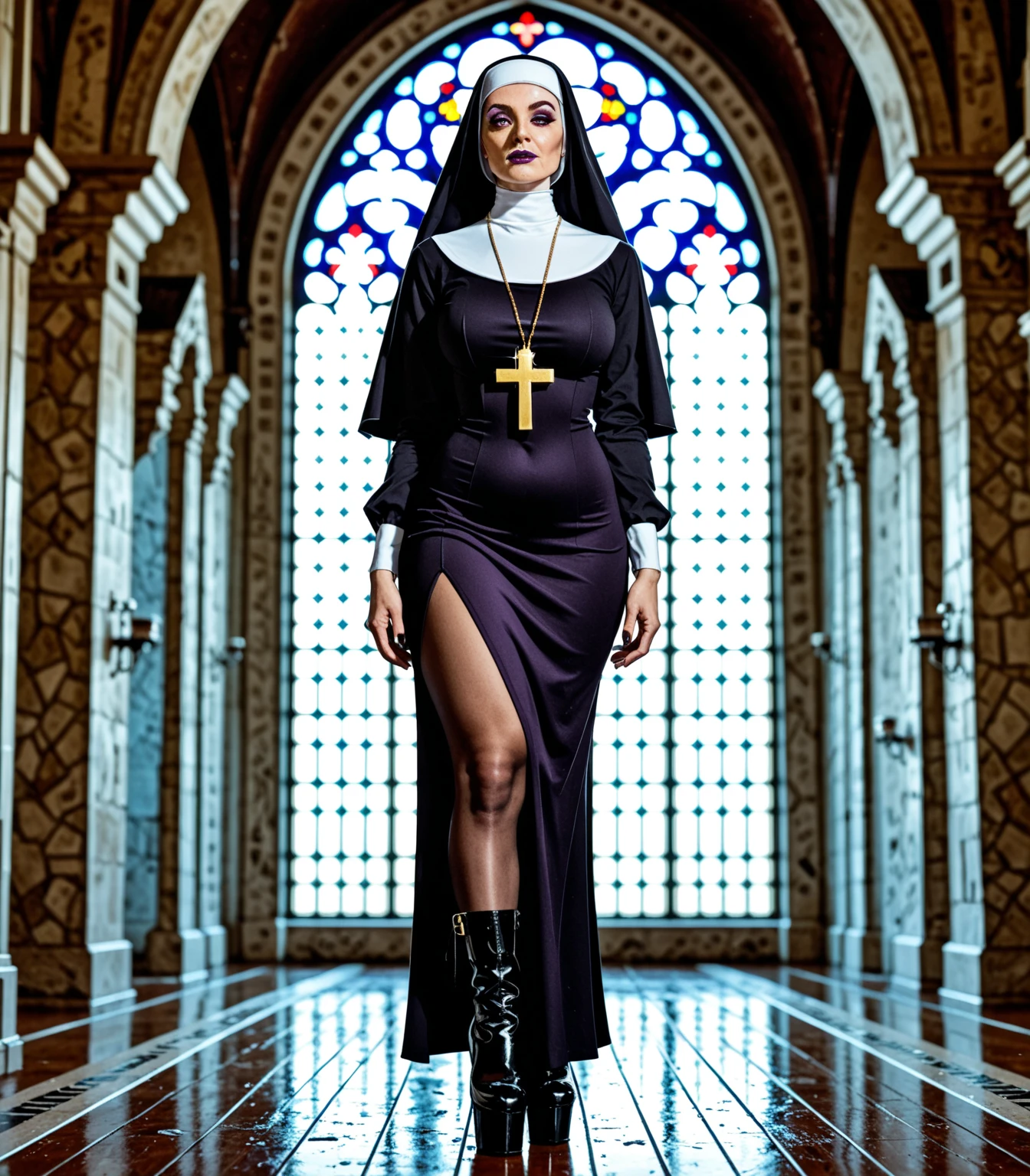 A sexy nun with seductive eyes and pouty lips, wearing a revealing black lace gown and high heels, gracefully poses in a dimly lit cathedral. Her long, wavy hair cascades down her back, framing her alluring face. The detailed folds of her gown create a sense of mystery and intrigue, while the soft candlelight casts a warm glow on her flawless skin. The artwork is a masterpiece of photorealistic beauty, captured with high-resolution precision and ultra-detailed rendering. The vibrant colors add depth and richness to the scene, with a touch of bokeh in the background, creating an ethereal atmosphere. The overall composition exudes sensuality and sophistication, making it a captivating portrait in the genre of erotic art.
