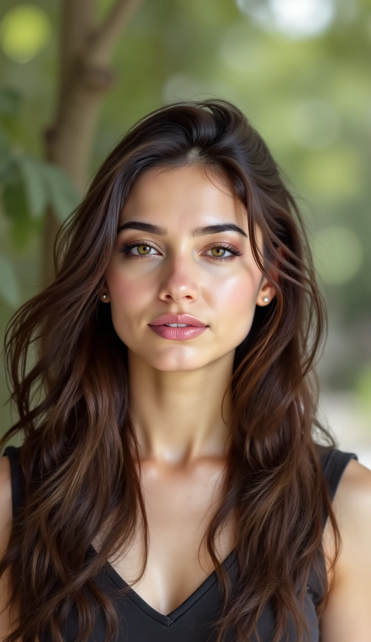 close up, a woman is looking at camera, nature background