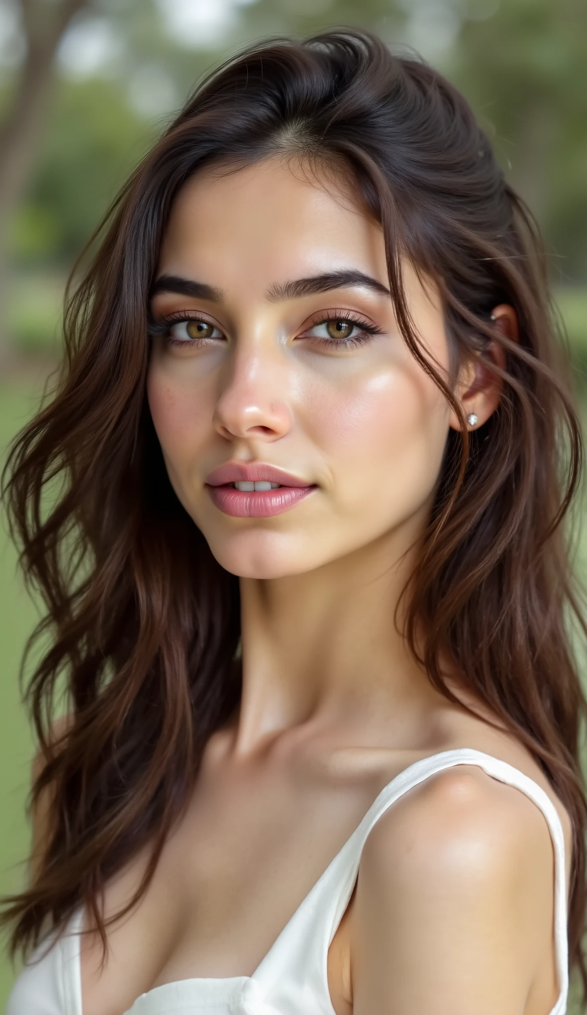close up, a woman is looking at camera, nature background