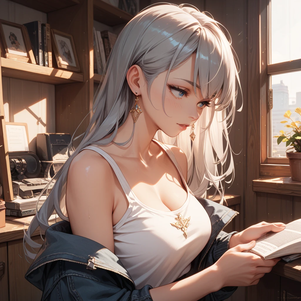 masterpiece、top-quality、hight resolution、High-quality images、8K、1womanl、Monochrome grayscale、detaileds、Detailed eye depiction、skin gloss、shiny short silver hair、、Nomiya、portlate、Used bookstore in 3-chome、Great Discovery