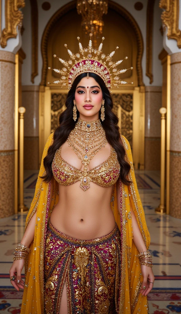 ((Best quality, 8k, Masterpiece :1.3)), Sharp focus :1.2, Generate a realistic image of a beautiful sexy Indian woman plus size body: 8.5 (masterpiece like a princess) dressed in a white skirt and print bra, adorned with traditional ornaments, standing in a well-lit room with cinematic lighting. ((Front view, random elegant pose)), and there is a sense of grace and elegance in her posture. The background should complement the scene, enhancing the overall aesthetic appeal of the image. Photography by Brandon Woelfel, Full shot: Canon EF 16-35mm f/2.8L III USM lens on a Canon EOS 5D Mark IV camera, ultra realistic, 32k, HD