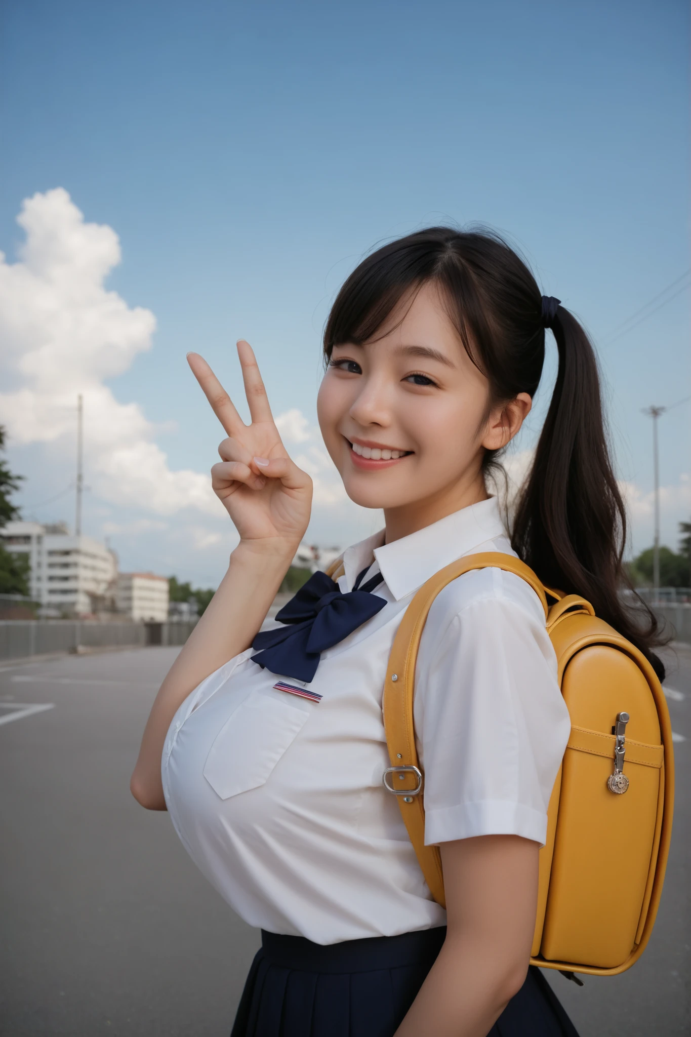 (score_9, score_8_up, score_7_up, source_real, high quality, best quality, masterpiece:1.3), (high quality, photo, photorealism:1.2), detailed face, detailed skin, detailed eyes, (photo realistic), masterpiece, best quality, ultra realistic), ultra detailed eyes, (perfect anatomy), highly detailed, BREAK, 1girl, beautiful girl, very young girl, cute, kawaii, breasts, long hair, black hair, curly hair, ponytail, double ponytail, ((gray eyes: 1.1)), huge breasts: 1.2, uniform, elementary school uniform, cosplay, short shirt, collared shirt, backpack, yellow backpack, day, clear sky, clouds, outdoor, rice fields in the background, V pose fingers, closed mouth, smile, happy face, close up photo, from side view,