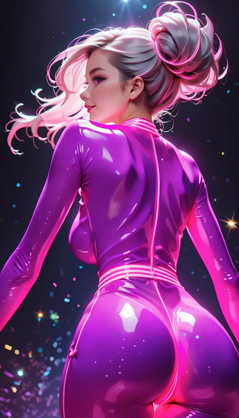 young woman, 22yo, perfect skinny body, (in pink iridescent sleeked high cut bodysuit, fit bodysuit), dark background, (french girl), pale white skin, view from below, sexy dancing, long hair, ponytail, cute, medium breasts, thin waist, colorful spotlights, (bokeh particles), dark background, full body shot, cinematographic lighting, thigh gap