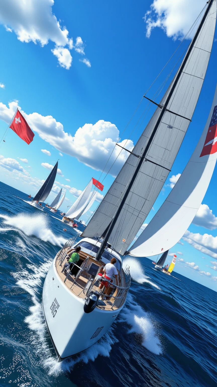 highdefinition images、pictures of a yacht race between the US and Canada、a white yacht with an American flag sail leading the way、Colorful yachts chasing it、Chasing yachts are messy and compete。