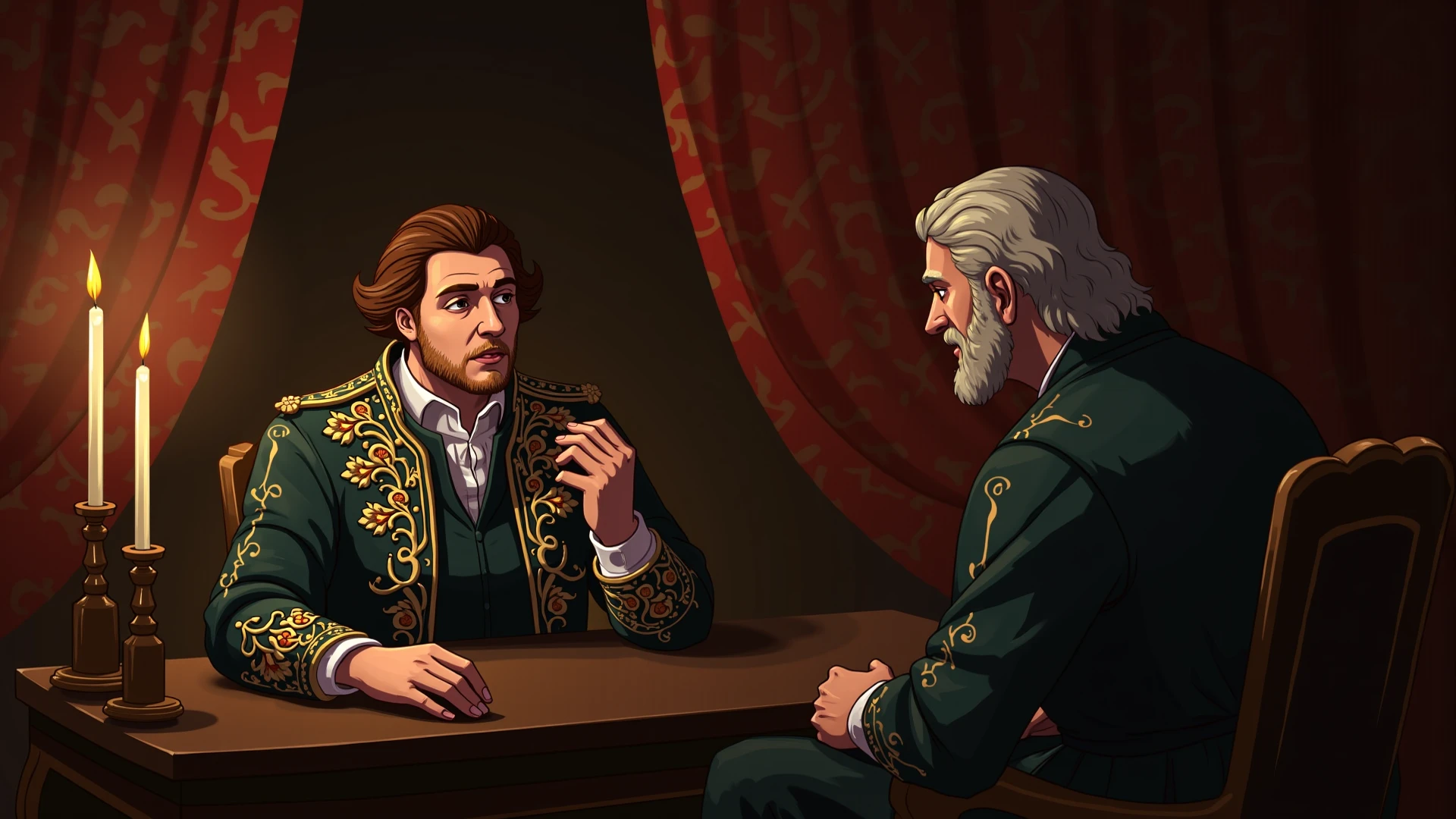 An Ottoman Sultan surrounded by advisors in an opulent, candlelit room, studying a letter from Tsar Nicholas I with a mixture of concern and defiance; richly detailed in a cinematic cartoon style."picture ratio 9:16