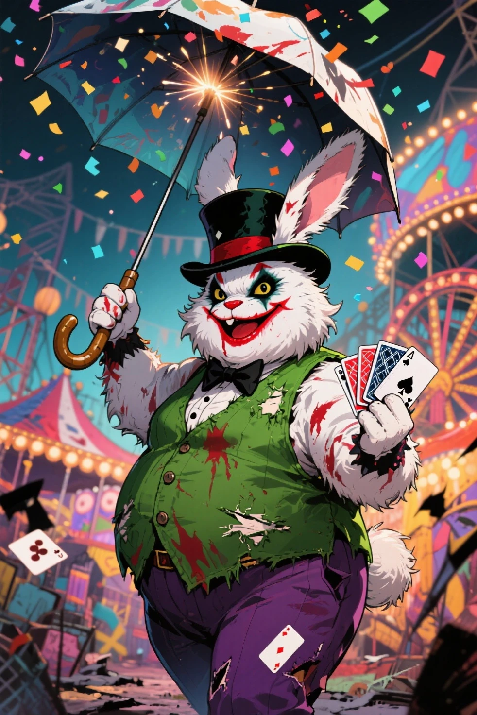 (knitted toy voodoo doll:1.5), (voodoo Joker bunny:1.6), (from Batman:1.4), (Clothing: purple suit with green vest, bow tie:1.0), (Accessories: playing cards, small dagger:1.1), (background: dark and twisted carnival with flickering lights and eerie atmosphere:1.2), best quality, masterpiece, detailed soft oil painting, detailed background, dramatic cinematic lighting, soft edge lighting, professional, dramatic lighting, hard edge lighting, ultra quality, 4k, masterpiece, best quality, 8k, ultra high definition, high resolution, extremely detailed