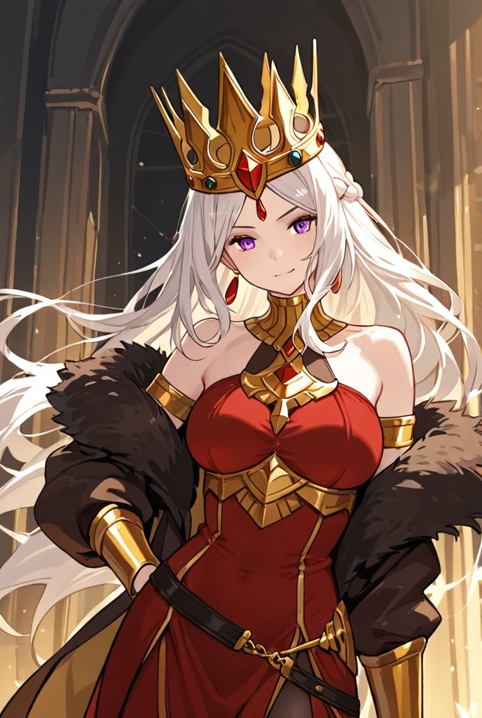 ((best quality)), ((best resolution)), ((masterpiece)) perfect face, Edelgard((Fire emblem)), beautiful face, perfect body, firm breasts, beautiful dress, sitting on the throne, golden throne, small, white hair, detailed hair, detailed face, blue pupils, detailed pupils, gold crown, looking down, camera from below, long red dress.