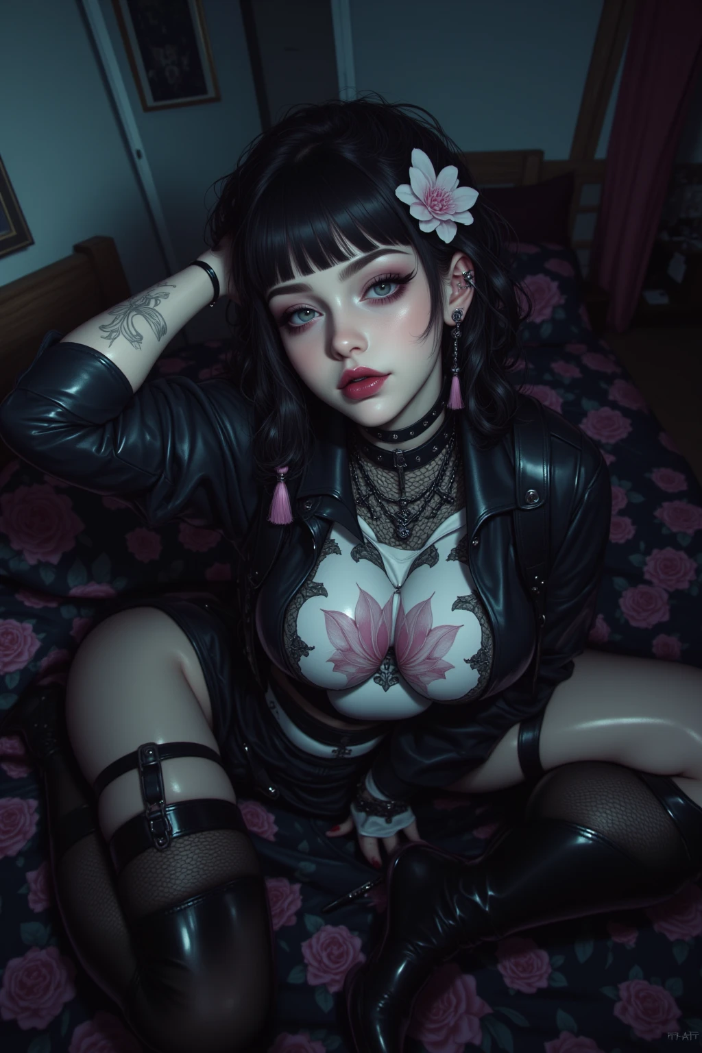 Hyper realistic photo perfect succubus vampire, sexy seductive facial features, tattooed face, smooth snow white skin, thin curved black eyebrows, Black eyeliner, dark black eye shadow, neon blue eyes, crazy eyes, thick black lipstick, curved lips, extremely detailed long black wavy hair, vibrant red highlights, earrings, lip piercings, choker collar with chains, ((complete fullbody)), larg voluptuous breast,detailed small perky nipples, tattooed breast,devil tattooed Sternum underboob, tattooed stomach, slim waist, toned hips, toned thighs, tattooed back, tattooed hips, teenage vagina, perfect pussy, thick toned ass, demonic tattooed vagina, demonic tattooed ass,