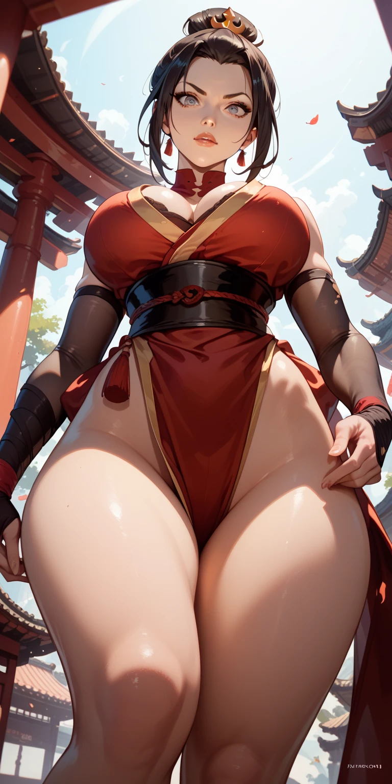 (asura art style:0.7), score_9, score_8_up, score_7_up, score_6_up, uncensored, yor briar, black hair, white hairband, sidelock, red eyes, BREAK (masterpiece:1.2), best quality, high resolution,(detailed eyes:1.3), perfect lighting, (perfect hands, perfect anatomy), anime coloring, hearts, pleasured, huge , 1girl, breastshighs, solo, skirt, breast curtainl, open mouth, thighs, detached sleeves, thick thighs, looking at viewer, white thighhighs, arm up, panties, red skirt, , underwear, japanese clothes, white panties, outdoors, cameltoe arm behind head, pleated skirt, nontraditional miko, revealing clothes, curvy, standing
