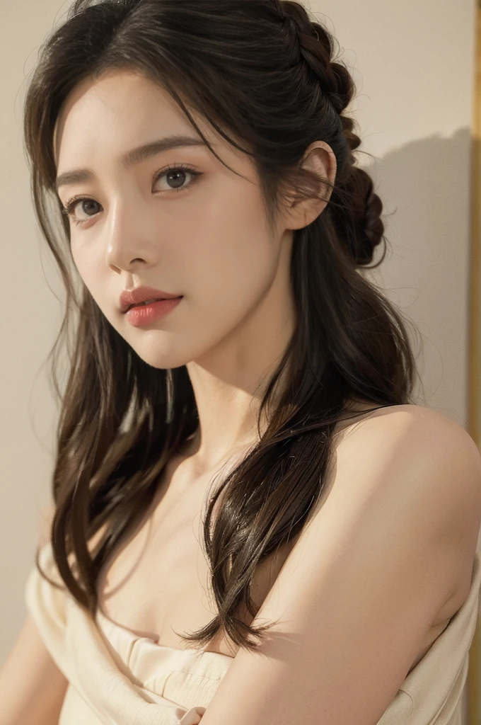Gentle and beautiful woman, Half-length photo, Exquisite and sexy clavicle, Charming oval face, Double eyelids, Bright peach blossom eyes, Pink lips, Small nose, Bare shoulders, focused face, Close-up of face, Ultra HD, Super Detail, Standing elegantly, Black British college style double-breasted casual loose Korean style small suit jacket, Paired with a black pleated skirt suit