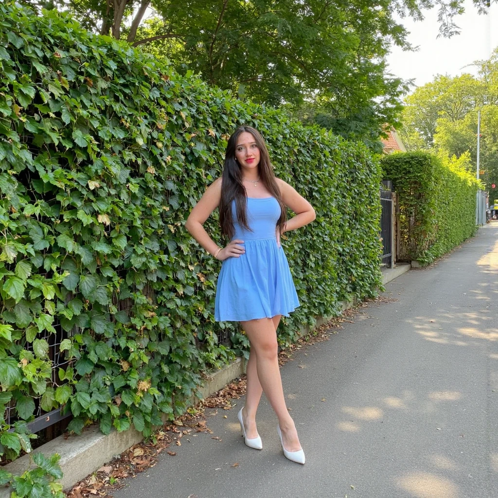 Kat Dennings in a tight sundress, grinning, standing under an oak tree