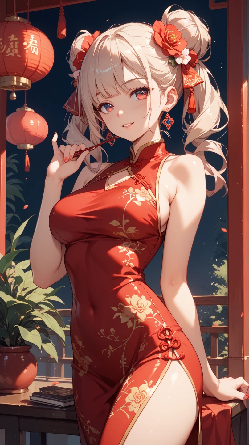 (masterpiece:1.3, top-quality, ultra high res, ultra detailed), (realistic, photorealistic:1.4), beautiful illustration, perfect lighting, natural lighting, colorful, depth of fields, surrealism, 
beautiful detailed hair, beautiful detailed face, beautiful detailed eyes, beautiful clavicle, beautiful body, beautiful chest, beautiful thigh, beautiful legs, beautiful fingers, white skin, shiny skin, 
looking at viewer, 1 girl, japanese, 18 years old, (perfect anatomy, anatomically correct, super detailed skin), cute and symmetrical face, babyface, perfect face, perfect eyes, perfect fingers,
(middle hair, double bun hairstyle, silver hair), asymmetrical bangs, blue eyes, big eyes, long eyelashes, glossy lips, (medium breasts, seductive thighs), slender, outstanding style, 
(detailed cloth texture, red chinese dress:1.4, tight dress, red long dress with slit, high heels), earrings, choker, 
(beautiful scenery), night, (chinatown:1.5, outdoor restaurant), sitting table, (cute, pretty smile, open mouth small), 