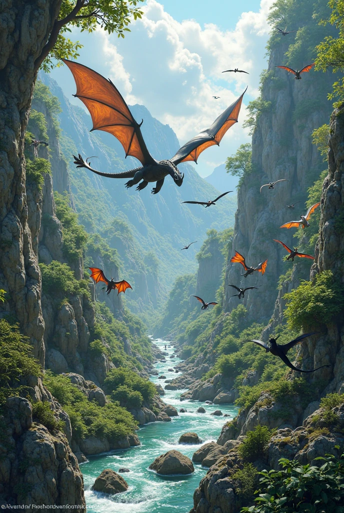 A huge green valley, autour rien ne survie. Species have evolved, They can fly and look like amphibian dragons.