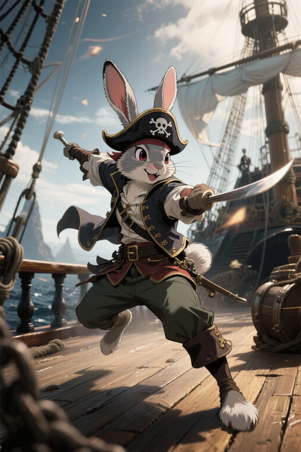 ((Masterpiece)), ((Best Quality)), (Very Detailed), ((Very Detailed)), 4K, (8K), very aesthetic, absurdres highres, 1 girl, (anthropomorphic Rabbit, furry, kemono:1.5), The deck of a pirate ship engaged in battle in a stormy sea. Dark blue and black seas, lightning-filled skies, torn sails and damaged hulls. A brave female pirate captain raises her sharp curved sword and roars as she joins the battle. With a pirate flag waving in the wind in the background, the scene feels tense and adventurous.