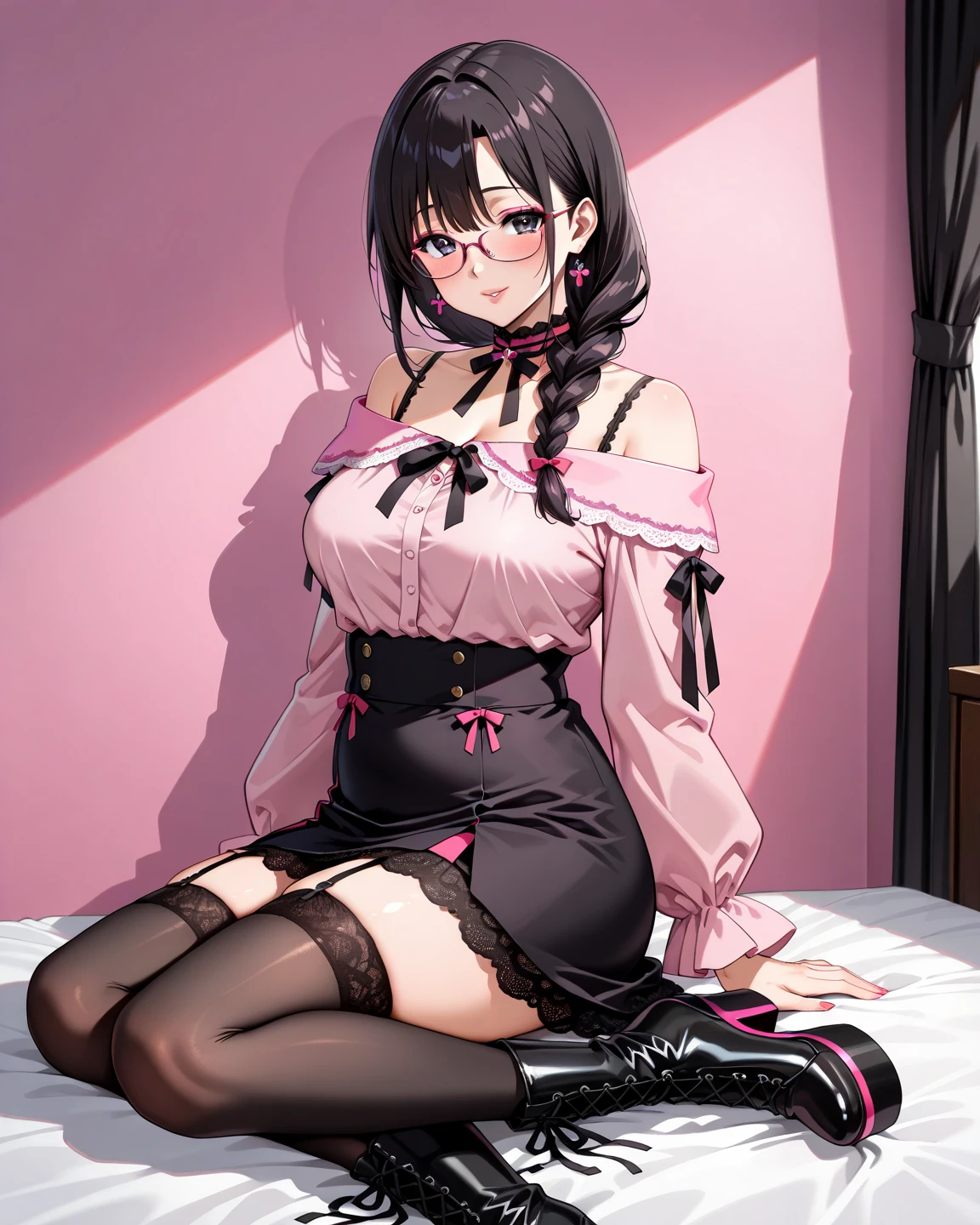 (masterpiece, best quality, ultra-detailed), AresiaOC, violet eyes, burgundy hair, twintails, glasses, all fours, looking at viewer, naughty face, blush