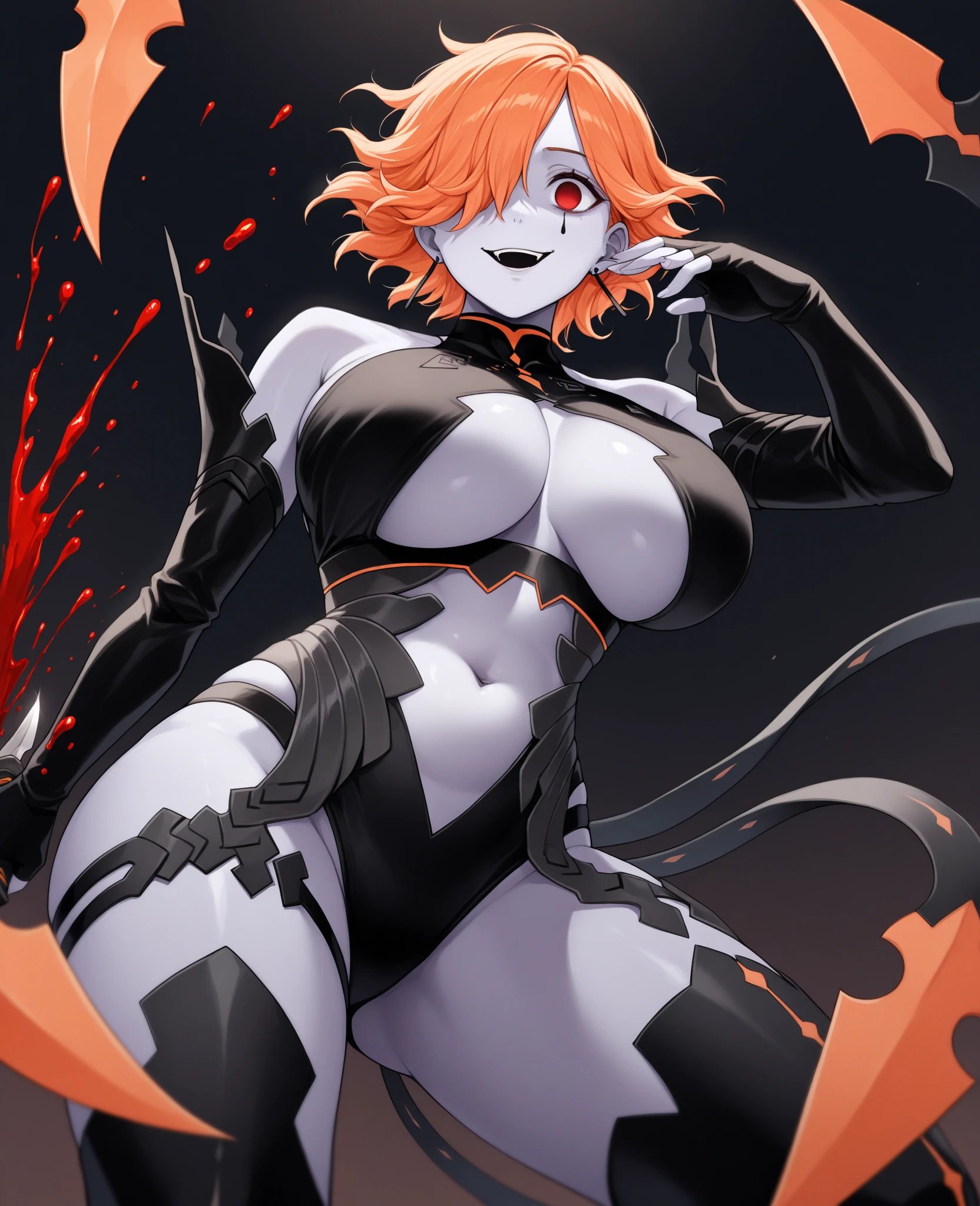 score_9, score_8_up, score_7_up, score_6_up, source_anime, BREAK in a tavern bedroom, on bed, at night, 1girl, kronya, grey skin, short hair, hair over one eye, facial mark, black leotard, looking at viewer, vagina, nipples, center opening, elbow gloves, fingerless gloves, black thighhighs, feet, thigh strap, large breasts, squatting over pov, 1boy, penis, holding penis, heavy breathing, guided penetration, evil smile, tongue, heart eyes, forest