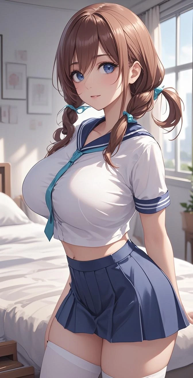 masterpiece, top-quality, the Extremely Detailed CG Unity 8K Wallpapers, Ultra-realistic 8kCG, erfect artwork, The perfect female figure, Dramatic shadows, (spot light, Perfect litthing, Detailed light, (((1girl in))), ((Sharp face)), ((Brown hair, waved hair)), (((sexypose))), Model body type, Navel is visible, large full breasts, ((cute  face)), (gently smiling: 1.2), (asymmetrical bangs, beautiful eyelashes), Beautiful face, (beautiful chest line:1.2), (cleavage), beautiful a girl, Exquisite facial features depicting the perfect face, Cold, Naturally beautiful, Sweating, slenderbody, Light and beautiful thigh expression, hi-school girl, high-school uniform, a sailor suit, pleatedskirt, Loose Socks, In front of a wall full of graffiti, Night, (((Leaning on the wall, is standing))), awardwinning photo, detaile, realistic light and shadow, 8K resolution, Professional Lighting, (glistning skin:0.9), perfect hand,big breasts,long earrings 