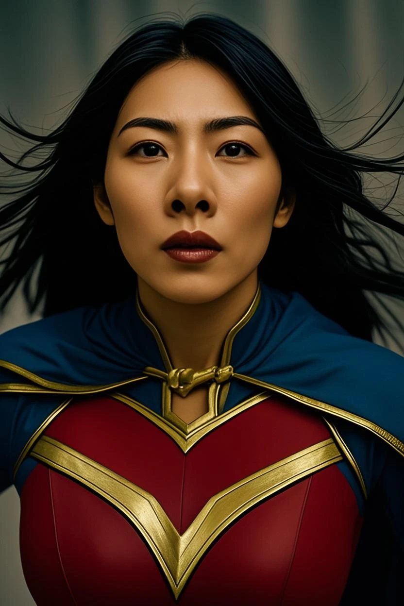 A muscular but feminine Lucy Liu in the bodysuit of Shazam wearing the classic original  red and gold costume holding a sun, portrait of modern darna, powerful woman sitting in space, superhero portrait, frank cho, super hero pose, dressed as wonder woman, park shin hye as a super villain, artgerm jsc, super-hero girl, publicity cosplay,  asian woman, bright white cape on her back, superhero